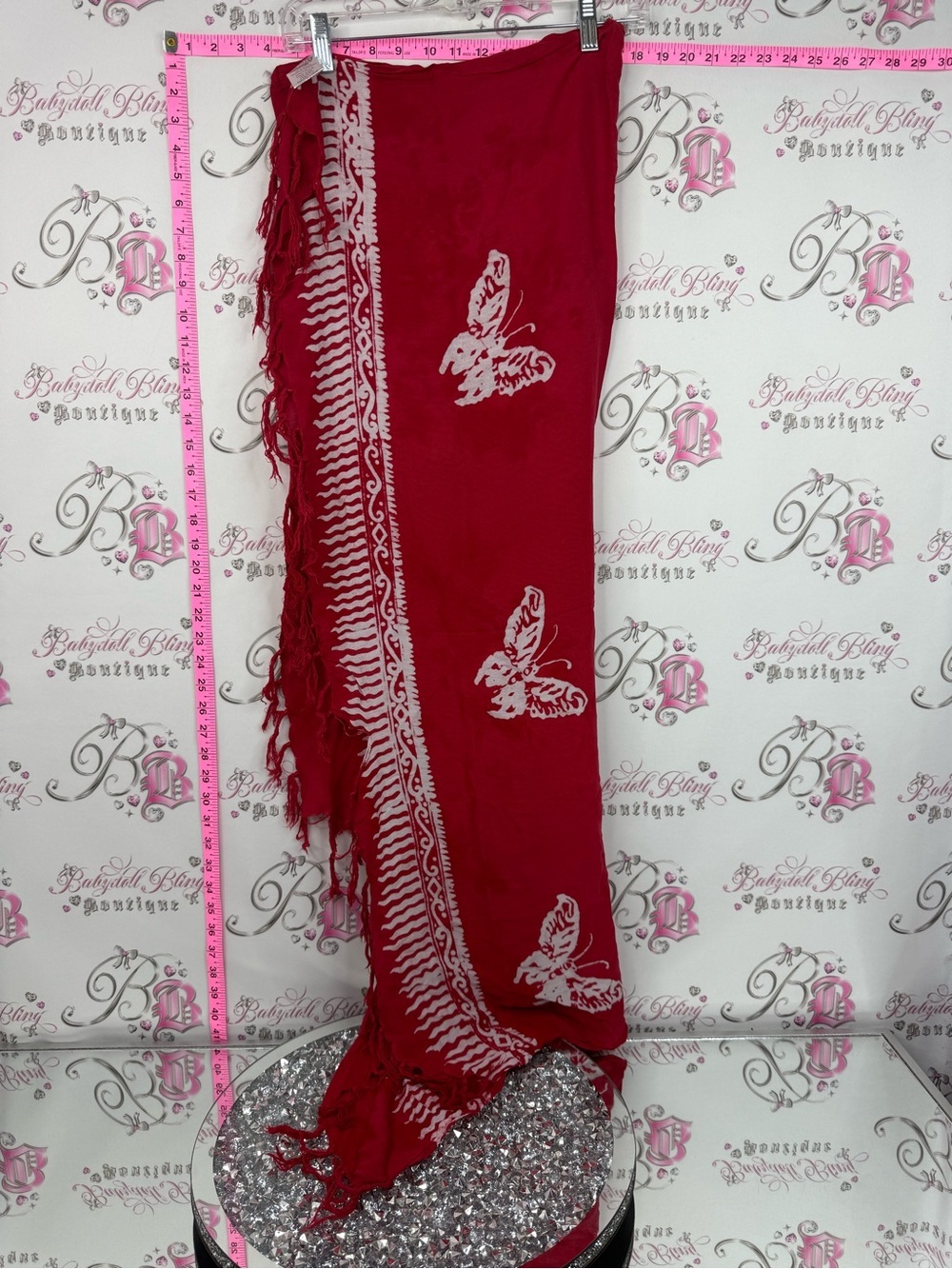 Wayan natural wear wrap scarf tie dye Butterfly Print Fringe Scarf in Deep Red